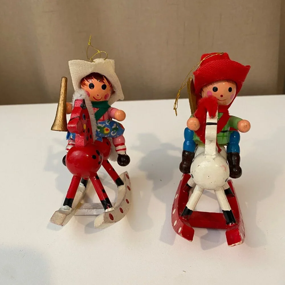Vintage Folk Art Cowboy & Cowgirl Rocking Horse Ornaments 4